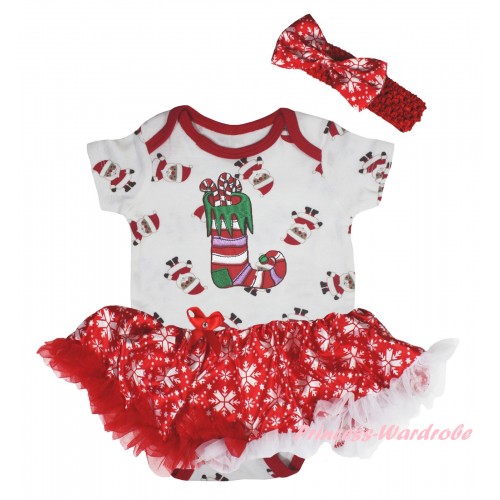 Christmas White Santa Claus Baby Bodysuit Red White Snowflakes Pettiskirt & Christmas Stocking Print JS5930