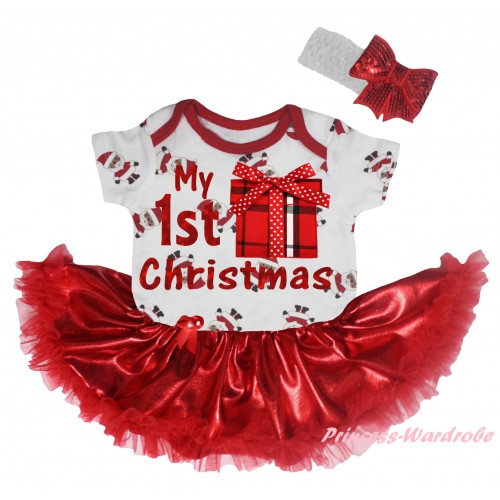 Christmas White Santa Claus Baby Bodysuit Bling Red Pettiskirt & Sparkle My 1st Christmas Painting & Gift Print JS5931