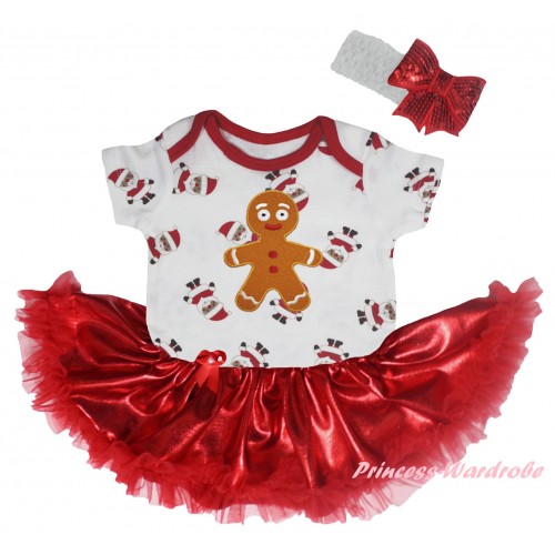 Christmas White Santa Claus Baby Bodysuit Bling Red Pettiskirt & Brown Gingerbread Print JS5934