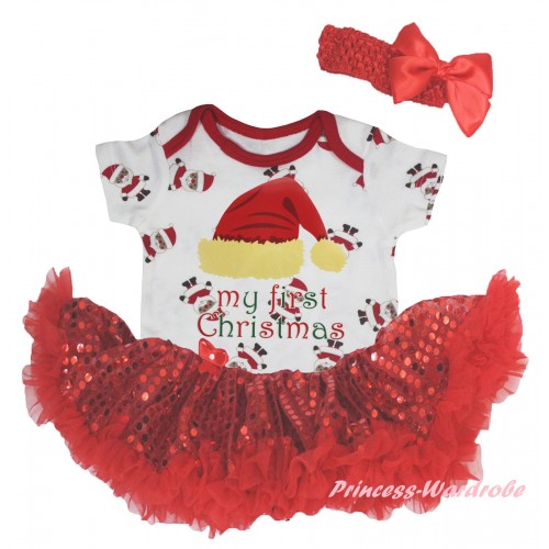 Christmas White Santa Claus Baby Bodysuit Bling Red Sequins Pettiskirt & My First Christmas Hat Painting JS5936