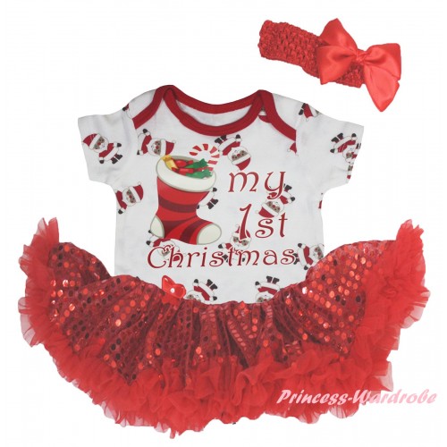 Christmas White Santa Claus Baby Bodysuit Bling Red Sequins Pettiskirt & My 1st Christmas Stocking Painting JS5937