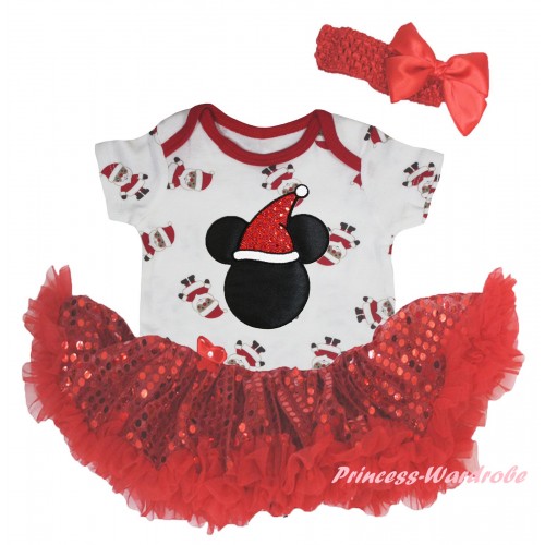 Christmas White Santa Claus Baby Bodysuit Bling Red Sequins Pettiskirt & Christmas Minnie Print JS5939
