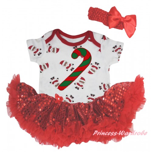 Christmas White Santa Claus Baby Bodysuit Bling Red Sequins Pettiskirt & Christmas Stick Print JS5940