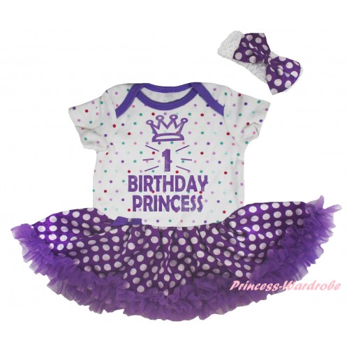 White Rainbow Dots Baby Bodysuit Purple White Dots Pettiskirt & 1st Birthday Princess Crown Painting JS5942