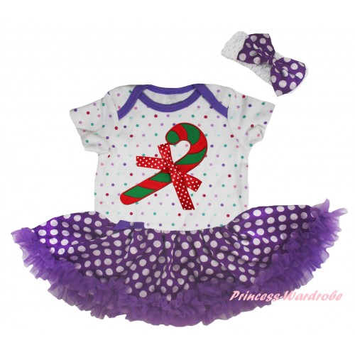 Christmas White Rainbow Dots Baby Bodysuit Purple White Dots Pettiskirt & Christmas Stick & Minnie Dots Bow JS5944