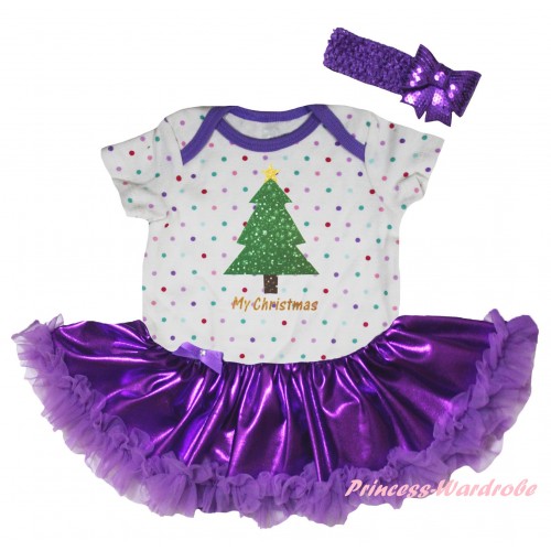 Christmas White Rainbow Dots Baby Bodysuit Bling Purple Pettiskirt & My Christmas Tree Painting JS5949