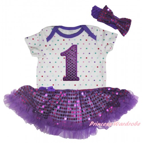 White Rainbow Dots Baby Bodysuit Bling Purple Sequins Pettiskirt & 1st Sparkle Birthday Number Print JS5951