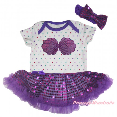 White Rainbow Dots Baby Bodysuit Bling Purple Sequins Pettiskirt & Mermaid Sea Shell Bra Print JS5952