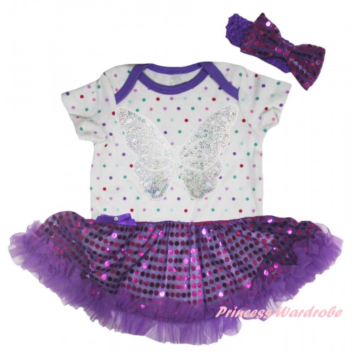 White Rainbow Dots Baby Bodysuit Bling Purple Sequins Pettiskirt & Silver Butterfly Print JS5954