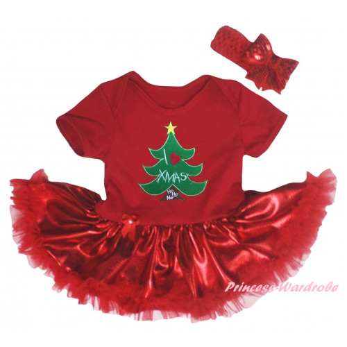 Christmas Red Baby Bodysuit Bling Red Pettiskirt & Christmas Tree Print JS5958