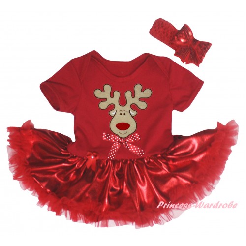 Christmas Red Baby Bodysuit Bling Red Pettiskirt & Christmas Reindeer Print JS5959