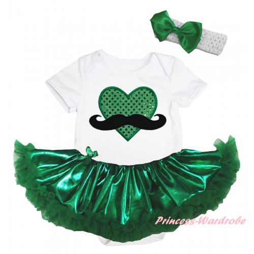 White Baby Bodysuit Bling Kelly Green Pettiskirt & Mustache Sparkle Kelly Green Heart Print JS5974