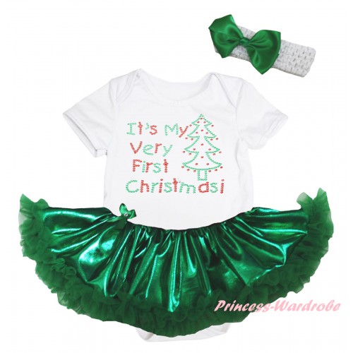 Christmas White Baby Bodysuit Bling Kelly Green Pettiskirt & Sparkle Rhinestone It's My Very First Christmas Print JS5979
