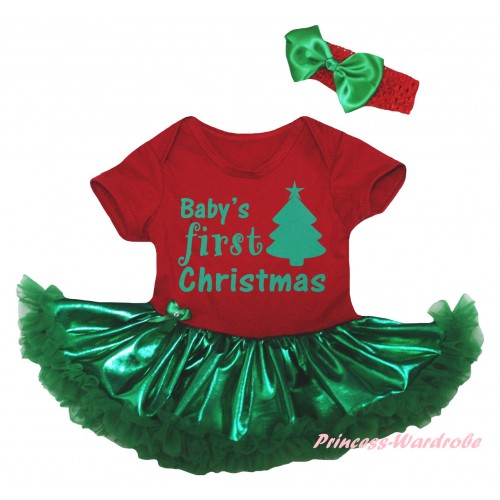 Christmas Red Baby Bodysuit Bling Kelly Green Pettiskirt & Baby's First Christmas Painting JS5981