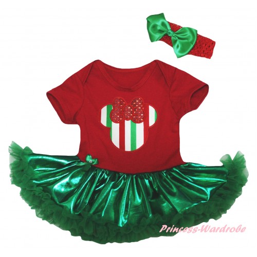Red Baby Bodysuit Bling Kelly Green Pettiskirt & Red White Green Striped Minnie Print JS5982