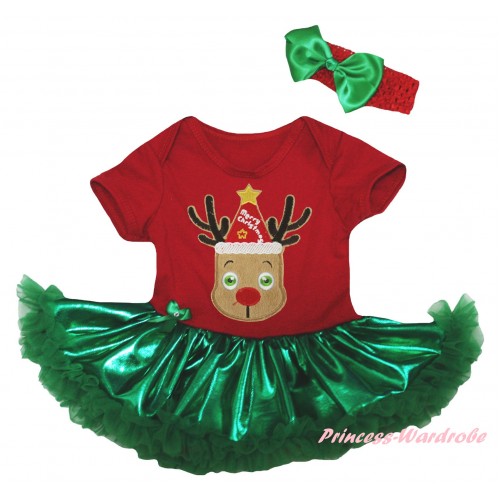Christmas Red Baby Bodysuit Bling Kelly Green Pettiskirt & Red Hat Reindeer Print JS5984