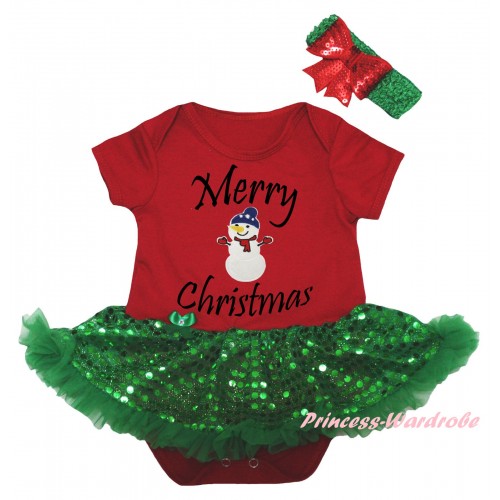 Christmas Red Baby Bodysuit Bling Kelly Green Sequins Pettiskirt & Merry Christmas Painting & Big Nose Snowman Print JS5988