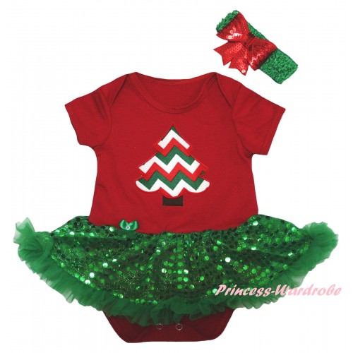Christmas Red Baby Bodysuit Bling Kelly Green Sequins Pettiskirt & Striped Christmas Tree Print JS5989