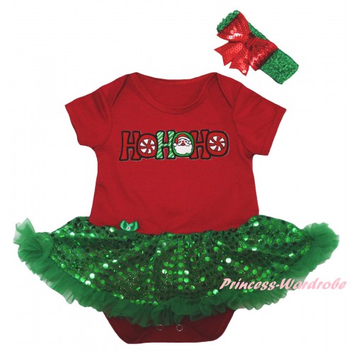 Christmas Red Baby Bodysuit Bling Kelly Green Sequins Pettiskirt & HOHOHO Santa Claus Print JS5990