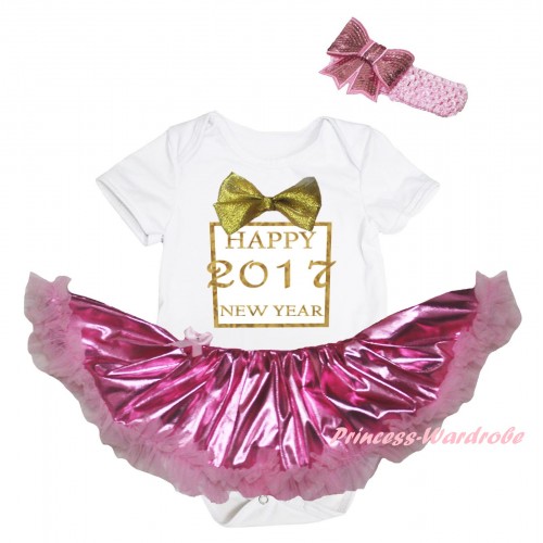 White Baby Bodysuit Bling Light Pink Pettiskirt & Sparkle Gold bow Happy 2017 New Year Painting JS5998