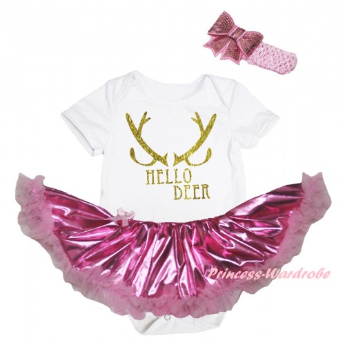 Christmas White Baby Bodysuit Bling Light Pink Pettiskirt & Sparkle Gold Hello Deer Painting JS5999