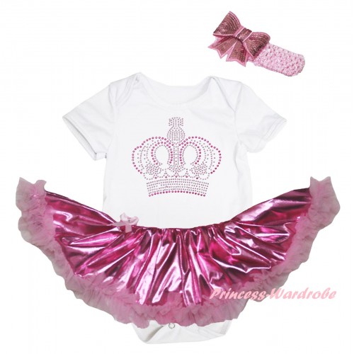 White Baby Bodysuit Bling Light Pink Pettiskirt & Sparkle Rhinestone Crown Print JS6003