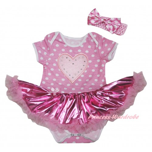 Light Pink White Dots Baby Bodysuit Bling Light Pink Pettiskirt & Light Pink Heart Print JS6008