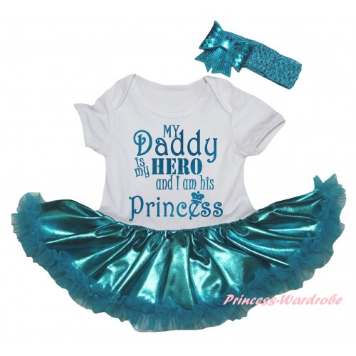 White Baby Bodysuit Bling Teal Green Pettiskirt & Sparkle My Daddy Is My Hero And I Am His Princess Painting JS6013