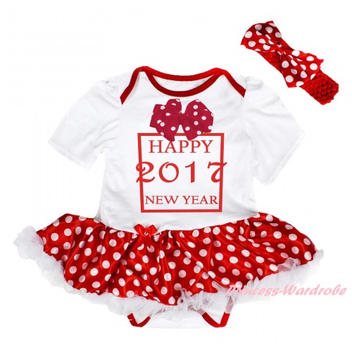 White Baby Bodysuit Jumpsuit Minnie Dots White Pettiskirt & Sparkle Hot Pink White bow Happy 2017 New Year Painting JS6019
