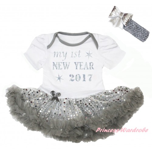 White Baby Bodysuit Silver Sequins Grey Pettiskirt & Sparkle My 1st New Year 2017 Painting JS6021