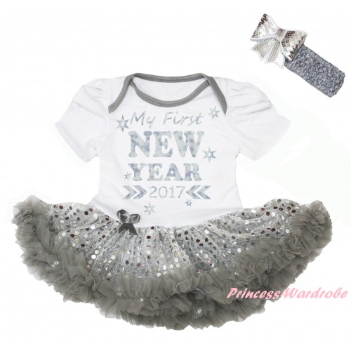 White Baby Bodysuit Silver Sequins Grey Pettiskirt & Sparkle My First New Year 2017 Painting JS6022