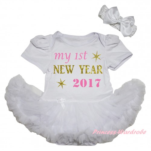 White Baby Bodysuit White Pettiskirt & Sparkle My 1st New Year 2017 Painting JS6028