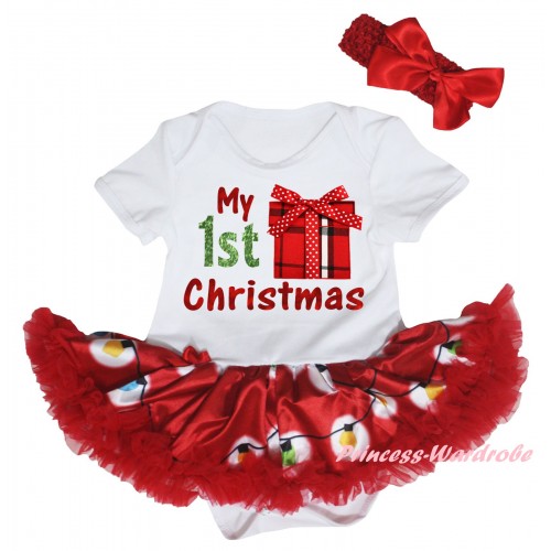 Christmas White Baby Bodysuit Red Lights Pettiskirt & Sparkle My 1st Christmas Painting & Gift Print JS6051