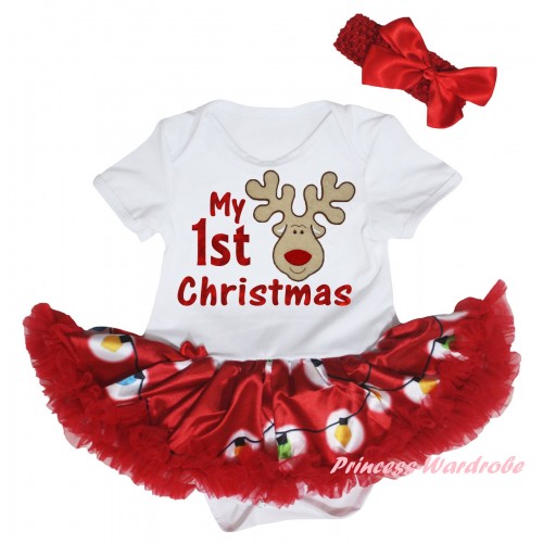 Christmas White Baby Bodysuit Red Lights Pettiskirt & My 1st Christmas Painting & Reindeer Print JS6052