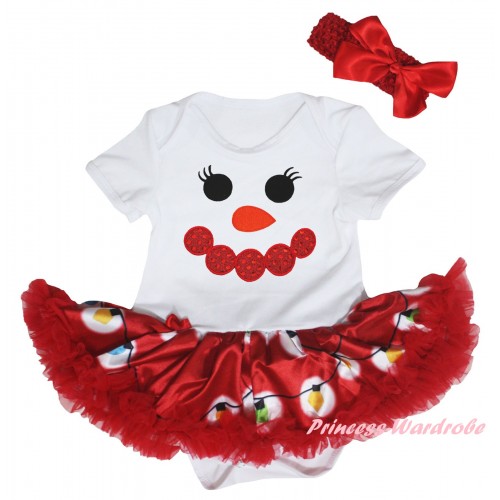 Christmas White Baby Bodysuit Red Lights Pettiskirt & Sparkle Red Snowman Face Print JS6053