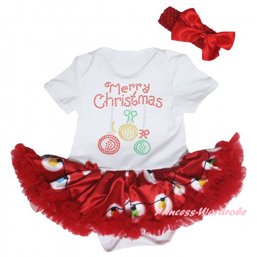 Christmas White Baby Bodysuit Red Lights Pettiskirt & Sparkle Rhinestone Christmas Lights Print JS6054