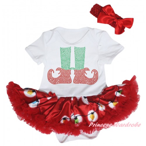Christmas White Baby Bodysuit Red Lights Pettiskirt & Sparkle Rhinestone Elf Socks Print JS6055