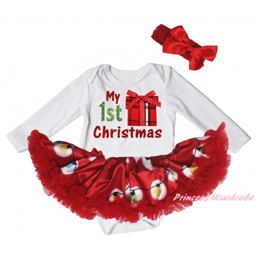Christmas White Long Sleeve Baby Bodysuit Red Lights Pettiskirt & Sparkle My 1st Christmas Painting & Gift Print JS6080