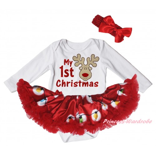 Christmas White Long Sleeve Baby Bodysuit Red Lights Pettiskirt & My 1st Christmas Painting & Reindeer Print JS6081