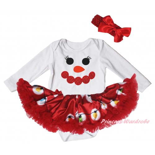 Christmas White Long Sleeve Baby Bodysuit Red Lights Pettiskirt & Sparkle Red Snowman Face Print JS6082