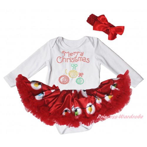 Christmas White Long Sleeve Baby Bodysuit Red Lights Pettiskirt & Sparkle Rhinestone Christmas Lights Print JS6083