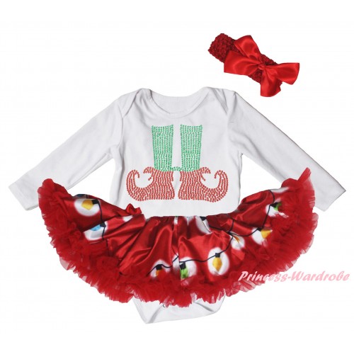 Christmas White Long Sleeve Baby Bodysuit Red Lights Pettiskirt & Sparkle Rhinestone Elf Socks Print JS6084
