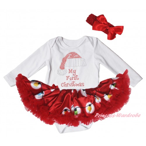 Christmas White Long Sleeve Baby Bodysuit Red Lights Pettiskirt & Sparkle Rhinestone Christmas Hat JS6085