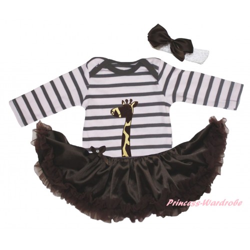 White Black Striped Long Sleeve Baby Bodysuit Brown Pettiskirt & Giraffe Print JS6106