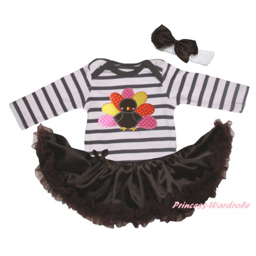 Thanksgiving White Black Striped Long Sleeve Baby Bodysuit Brown Pettiskirt & Turkey Print JS6107