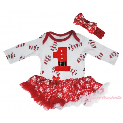 Christmas White Santa Claus Long Sleeve Baby Bodysuit Red White Snowflakes Pettiskirt & 1st Santa Claus Number Print JS6113