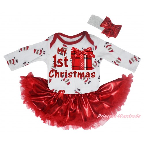 Christmas White Santa Claus Long Sleeve Baby Bodysuit Bling Red Pettiskirt & Sparkle My 1st Christmas Painting & Gift Print JS6115