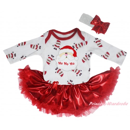 Christmas White Santa Claus Long Sleeve Baby Bodysuit Bling Red Pettiskirt & Santa Claus Print JS6117
