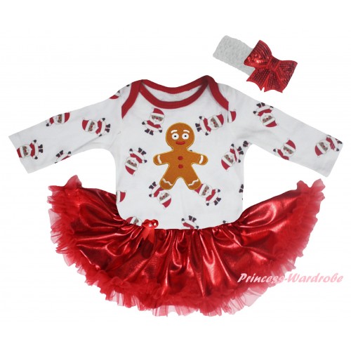 Christmas White Santa Claus Long Sleeve Baby Bodysuit Bling Red Pettiskirt & Brown Gingerbread Print JS6118