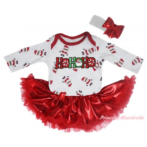 Christmas White Santa Claus Long Sleeve Baby Bodysuit Bling Red Pettiskirt & HOHOHO Santa Claus Print JS6119